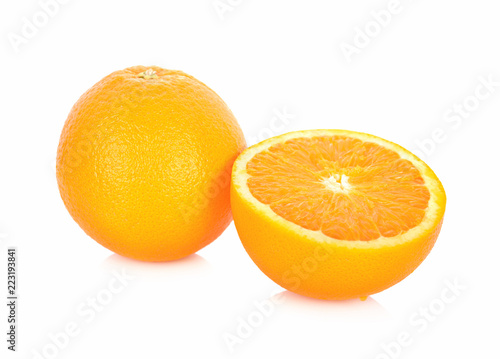 whole and half cut fresh Navel orange on white background