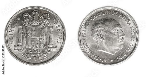 Moneda de cinco pesetas. Año 1949. Francisco Franco. España photo