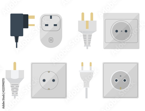 Electric plugs stack outlet illustration energy socket electrical outlets plugs european and usa, asia appliance interior icon. Wire cable cord plug-connection electrical outlets plugs double american