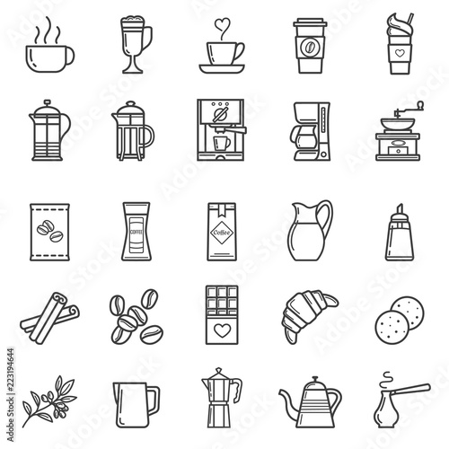 Set of vector coffee elements and coffee accessories. Coffee outline icon set.