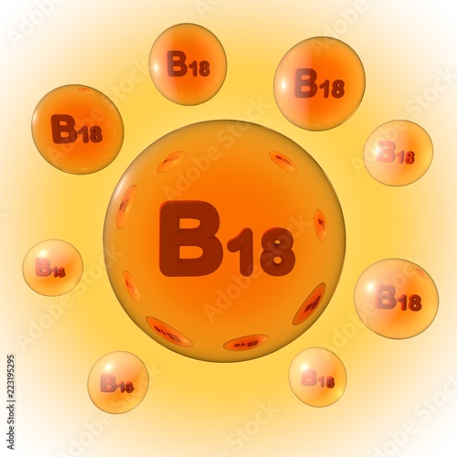 Transparent orange vitamin B18 pills on orange background. Vitamin and mineral complex. 3d illustration photo