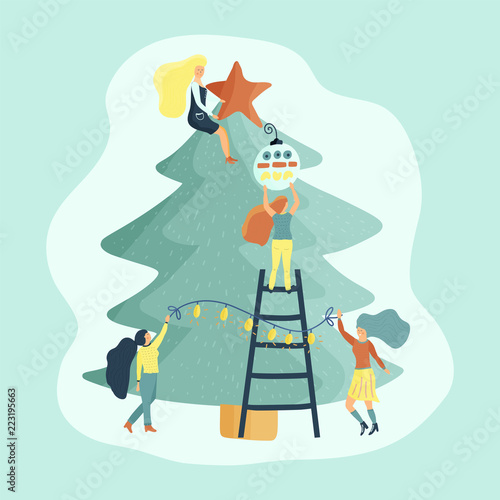 Small girl characters decorate Christmas tree. Flat style vector illustration. photo