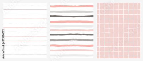 Set of 3 Hand Drawn Irregular Geometric Patterns. Horizontal Gray and Pink Stripes on a White Background. White Grid on A Pink Background. Infantile Style Design.