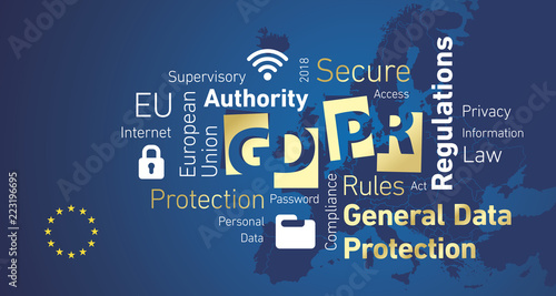GDPR General Data Protection Regulation negative space word cloud gold blue background