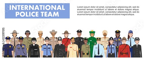 International police people concept. Detailed illustration of SWAT officer, policeman, policewoman and sheriff in flat style on white background. Vector illustration.