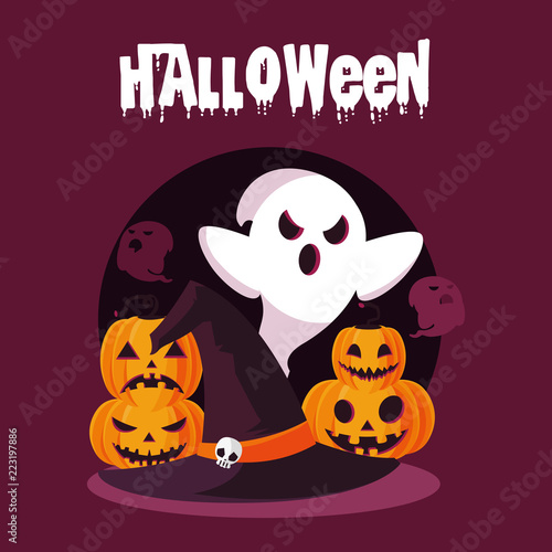 halloween card with ghost and pumpkin characters