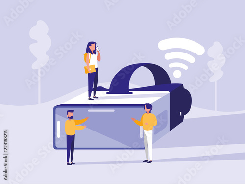 group of people with virtual reality glasses in landscape