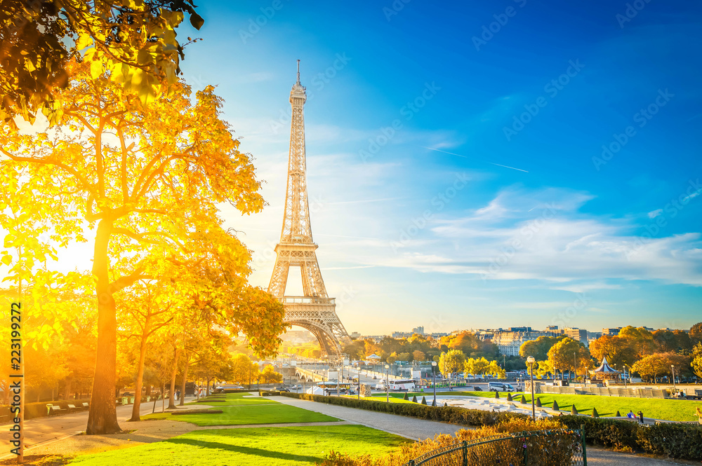 Fototapeta premium view of Eiffel Tower landmark from Trocadero at fall sunrise, Paris, France, toned