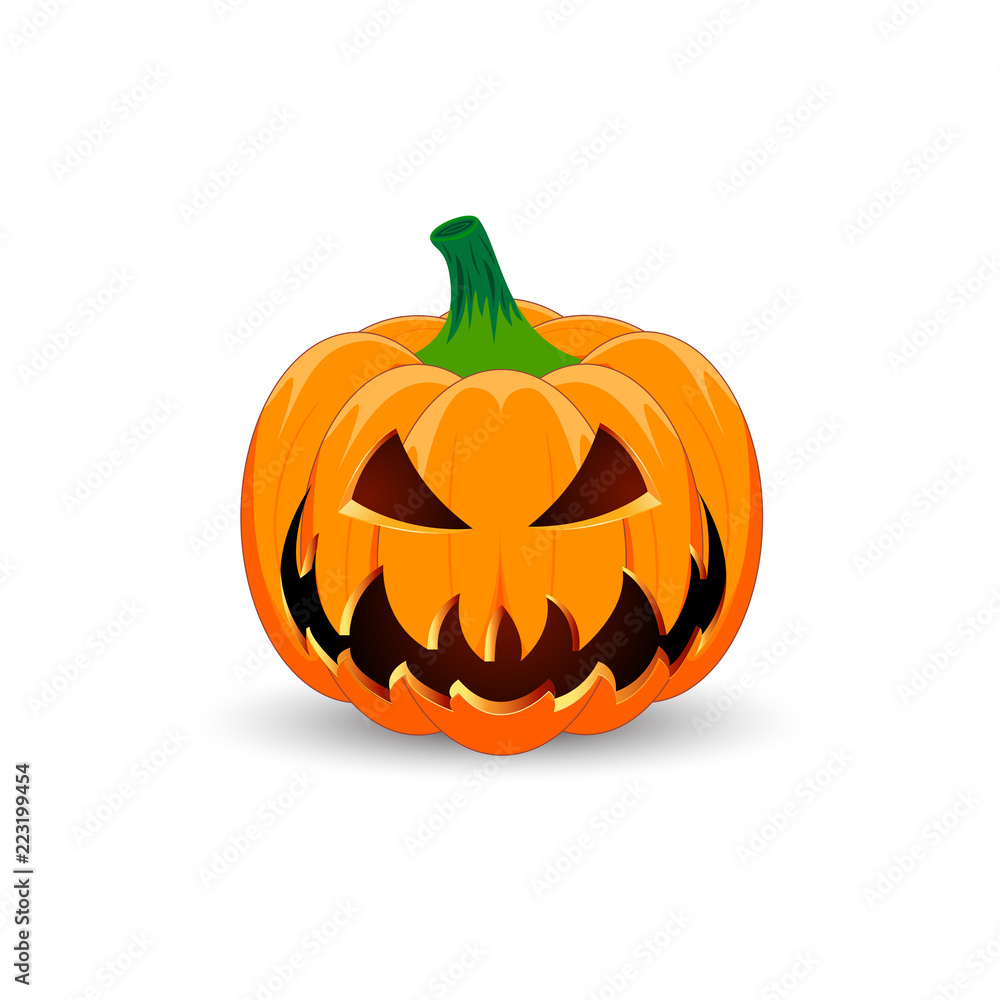 Fototapeta premium Pumpkin on white background. The main symbol of the Happy Halloween holiday. Orange pumpkin with smile for your design for the holiday Halloween. Vector illustration.