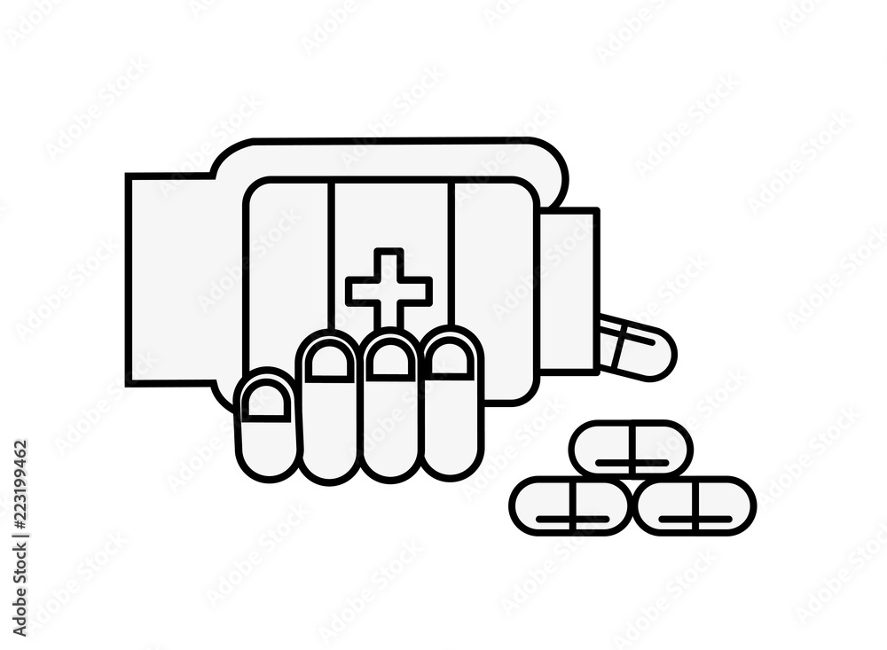 Fototapeta premium hand with bottle medical pouring capsules medication