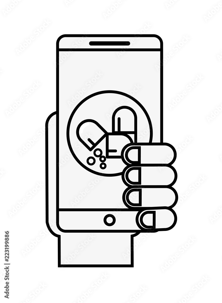 hand with smartphone medicament capsule pharmacy hand with smartphone medicament capsule pharmacy