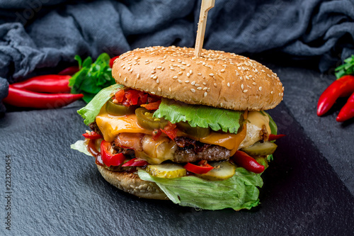 hot Burger with meat and jalapeno photo