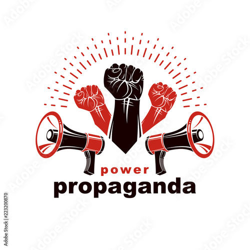 Vector emblem created with fist of strong man and loudhailers equipment. People demonstration, fighting for their rights and freedom.