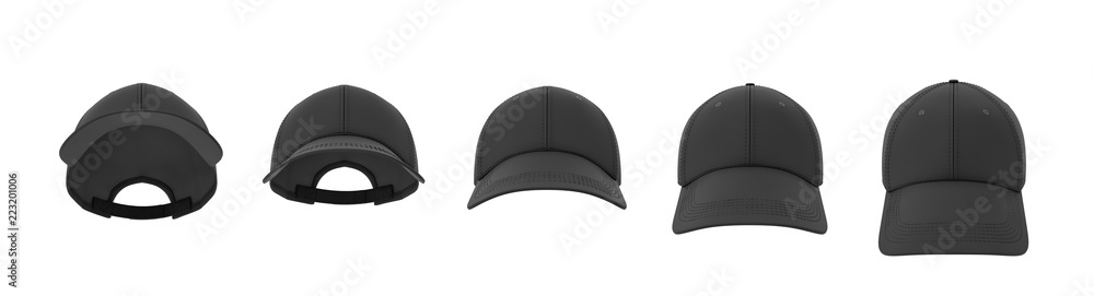 3d rendering of five black baseball caps shown in one line in a front view but in different angles. 3d rendering of five black baseball caps shown in one line in a front view but in different angles.