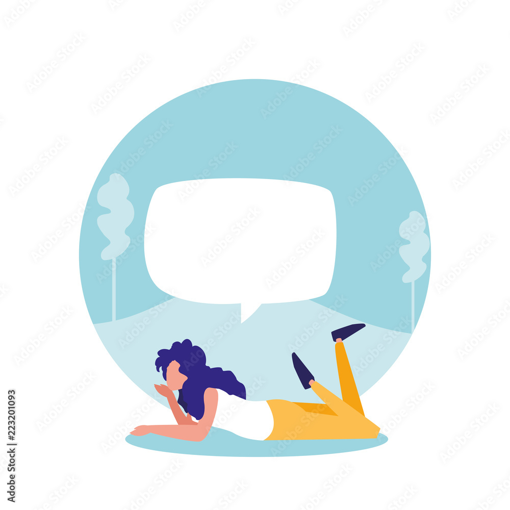 Fototapeta premium young woman lying in landscape with speech bubble