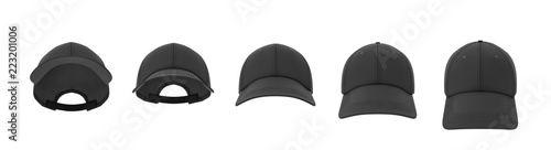 3d rendering of five black baseball caps shown in one line in a front view but in different angles.