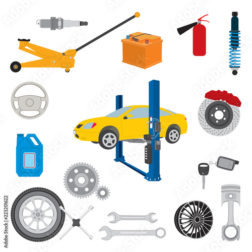 Car service elements and parts icons. Vector illustration