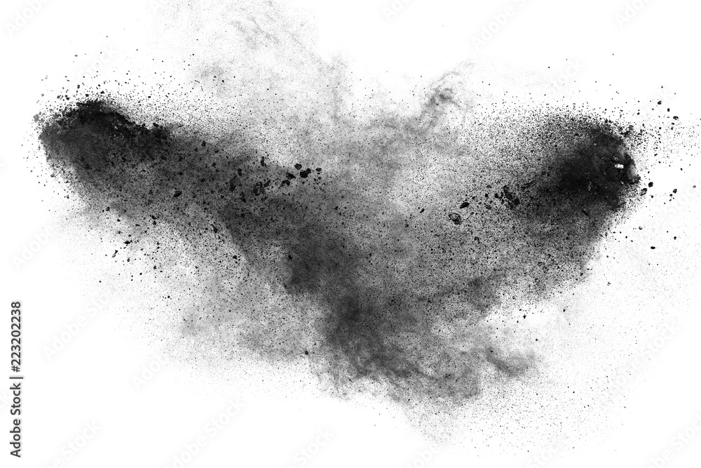 Black powder dust explosion against a white background.