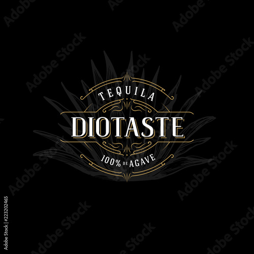 Vector vintage frame for logo, label design. Ornate logo template for tequila, whiskey, spirituous drinks label. Agave plant hand drawn illustration background.