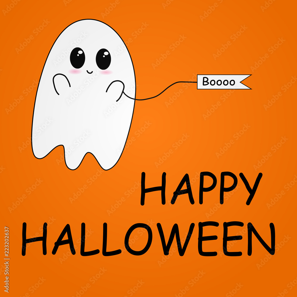 Flying Ghost wishes a happy Halloween. Scary white ghost. Cute little flying Ghost . Smiling face, hands. Orange greeting card background. Flat design. Vector illustration Flying Ghost wishes a happy Halloween. Scary white ghost. Cute little flying Ghost . Smiling face, hands. Orange greeting card background. Flat design. Vector illustration
