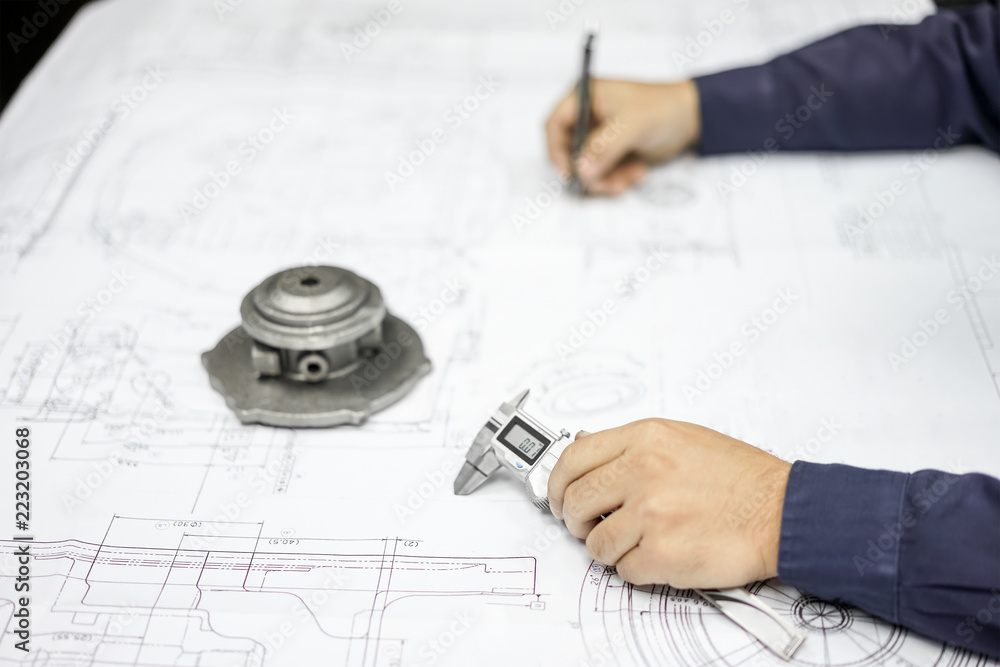 Engineering inspection check dimension automotive parts reference drawing by vernier caliper in