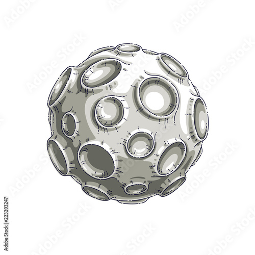 Small cartoon vector fantastic planet with craters from asteroid and meteorite rains fall. Thin line 3d vector illustration isolated on white background.