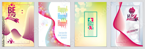 Birthday vector greeting cards set. Includes lettering composition and balloons combined with wavy fluid colorful shape abstract backgrounds collection.