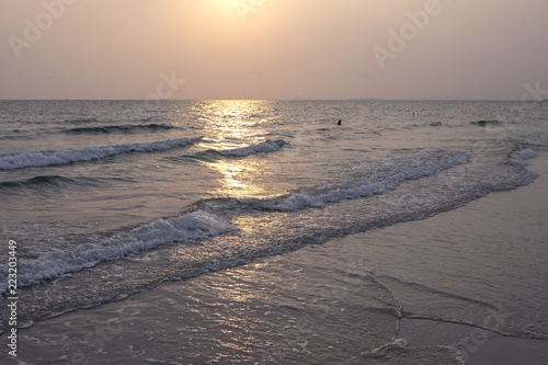 Pink orange sunset landscape with sea and beach sand. Sunset sea view. Romantic evening seascape with sunset.