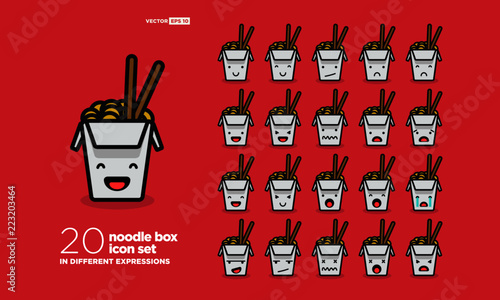 Set of Cute Takeaway Noodle Box Emoji Line Icons In Different Expressions