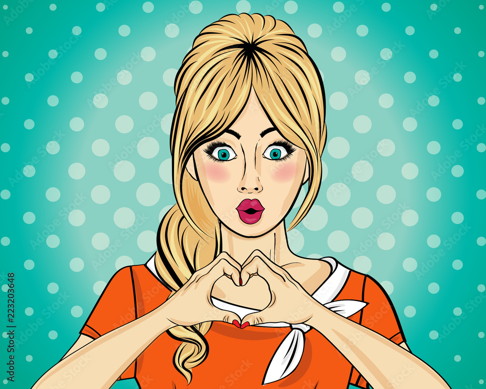 Blonde pop art woman making heart sign with hands. Comic woman . Pin up girl.  Stock Vector | Adobe Stock