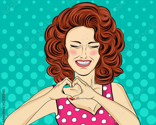 Pop art woman making heart sign with hands. Comic woman . Pin up girl.