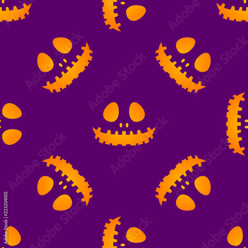 Happy Halloween silhouette yellow easy jackolantern seamless pattern. Vector illustration isolated on purple background.