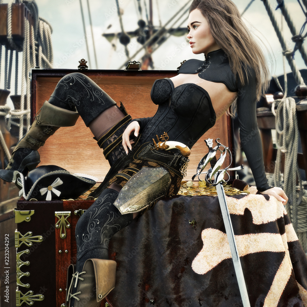 Sexy adult female pirate with long brown hair enjoying her newly acquired  treasure aboard her pirate ship. 3d rendering Stock Illustration | Adobe  Stock