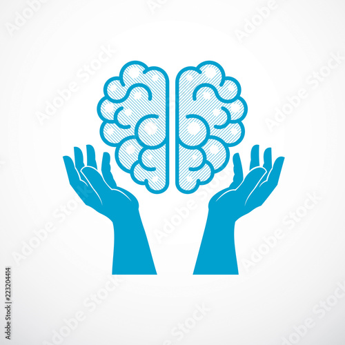 Human anatomical brain with tender defending hands of care. Vector illustration, logo or icon. Care for mental health, careful and correct education concept.