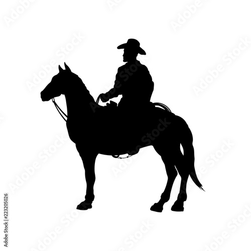 Black silhouette of cowboy on horse. Isolated image of american rider. Western landscape. Vector illustration