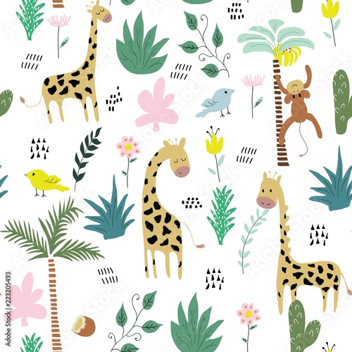 childish jungle texture with giraffe, monkey, bird and tropical elements. seamless pattern vector illustration