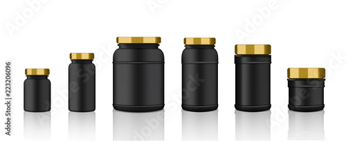 Mock up Realistic Black Plastic Packaging Product Jar For Protein or Medicine Bottle isolated With Gold Cap on white Background.