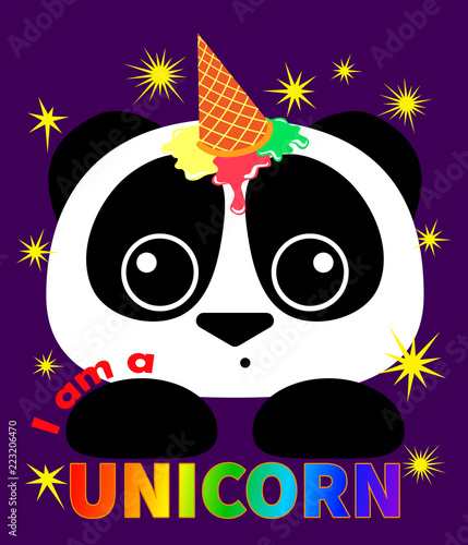 Сute Panda with ice cream on the forehead dreaming of becoming a unicorn