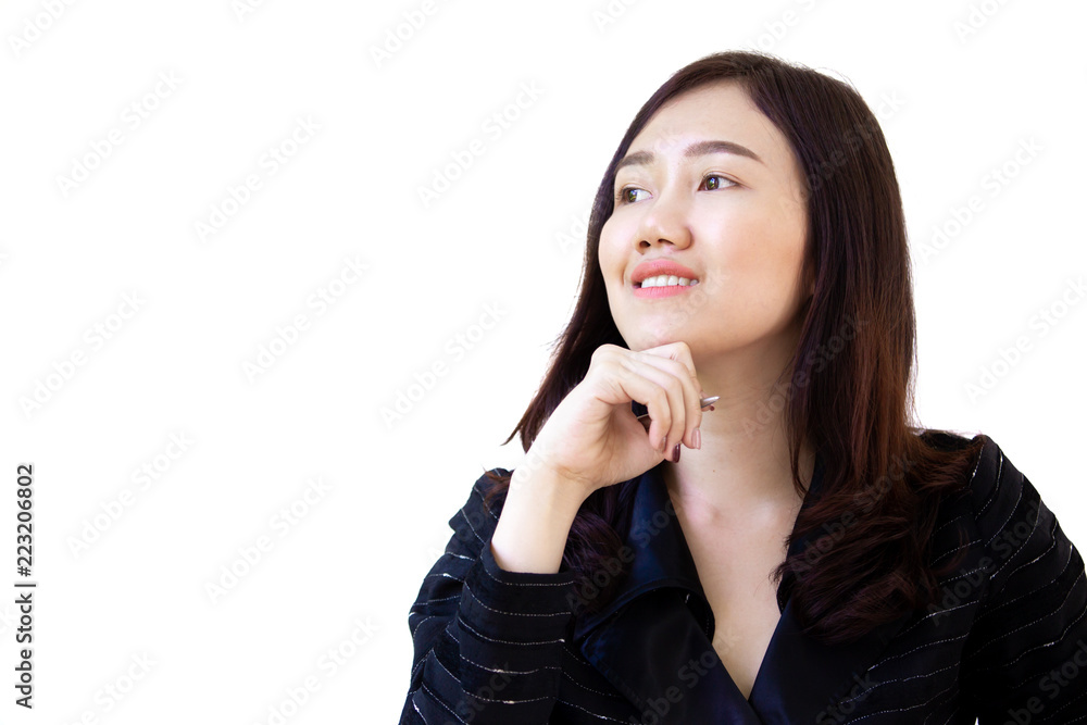 Asian business women age between 25-30 years old in the black suit in action close up on white background. Concept of thinkful and idea generation. Isolated photograph on white background. Asian business women age between 25-30 years old in the black suit in action close up on white background. Concept of thinkful and idea generation. Isolated photograph on white background.