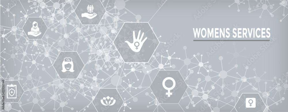 Women's Services Icon Set and Web Header Banner with Female Symbol Women's Services Icon Set and Web Header Banner with Female Symbol