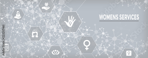 Women's Services Icon Set and Web Header Banner with Female Symbol