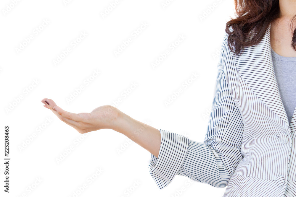 Business women in the white suit showing the plam of the hand in the left hand side, drop copy space in the left hand side over the hand for insert illustration or infographic. Business women in the white suit showing the plam of the hand in the left hand side, drop copy space in the left hand side over the hand for insert illustration or infographic.
