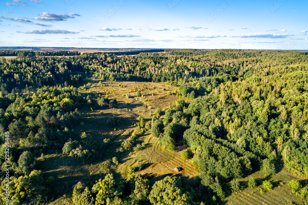 Typical aerial landscape of the Central Russian Upland. Bolshoe Gorodkovo village, Kursk region