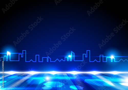 Blue line in shape of city with shining lights and fluorescent ground, future technology concept
