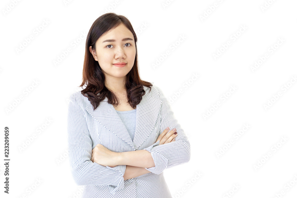 Confident Asian business women having a little smile isolated on white background. Copy space on right hand side for text and other use. Confident Asian business women having a little smile isolated on white background. Copy space on right hand side for text and other use.