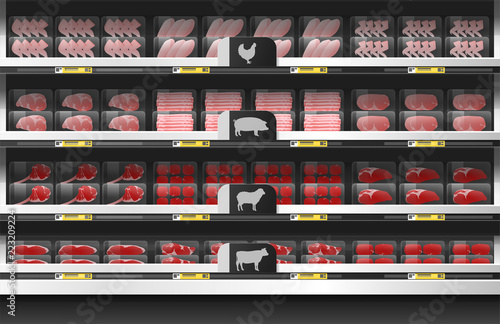 Fresh meat for sale display on shelf in supermarket , vector , illustration