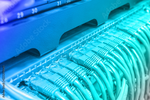 Light green patch cord internet cables connected