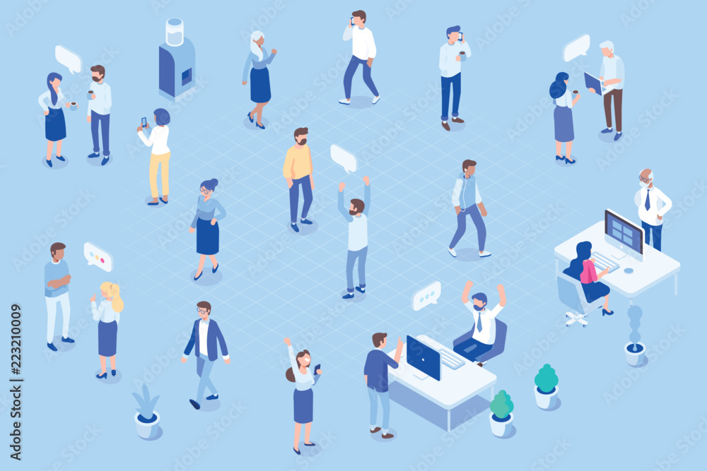Isometric people vector set. Office life. Isometric office workspace with people working together. Flat illustration. Isometric people vector set. Office life. Isometric office workspace with people working together. Flat illustration.