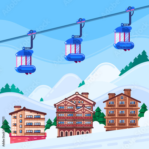 Winter ski resort vector illustration. Wooden hotels houses, snow mountains landscape and funicular cabins.