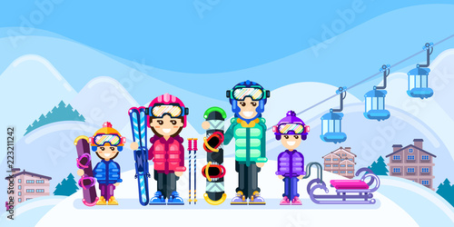 Happy family at winter ski resort, vector flat style illustration. Weekend travel in mountains, leisure outdoor concept